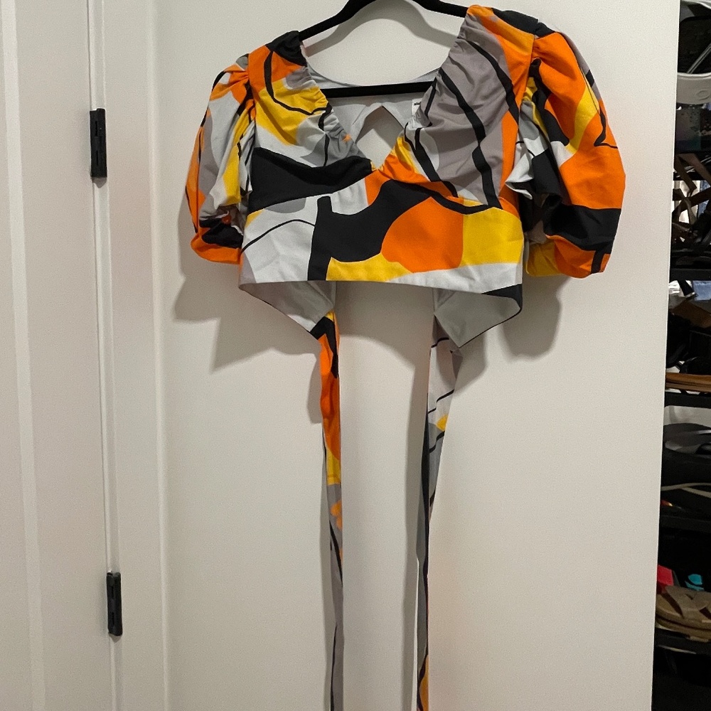Never Worn Abstract Print Puff Sleeve Crop Top and Ruffle Mini Skirt Set